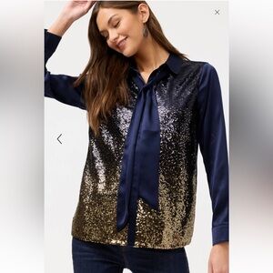 Johnny Was Selya Sequin Tie Shirt Navy Blue Gold Size Small NWT